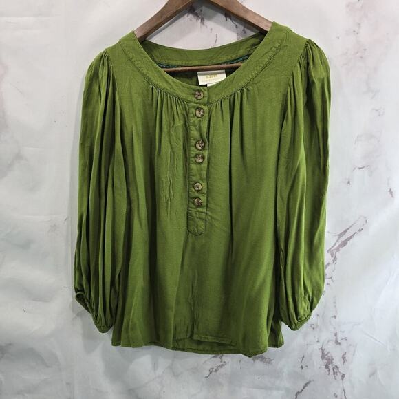 Anthropologie Shirt Womens Small Green Henley Blouse Popover Maeve Kalas Balloon - Picture 1 of 10